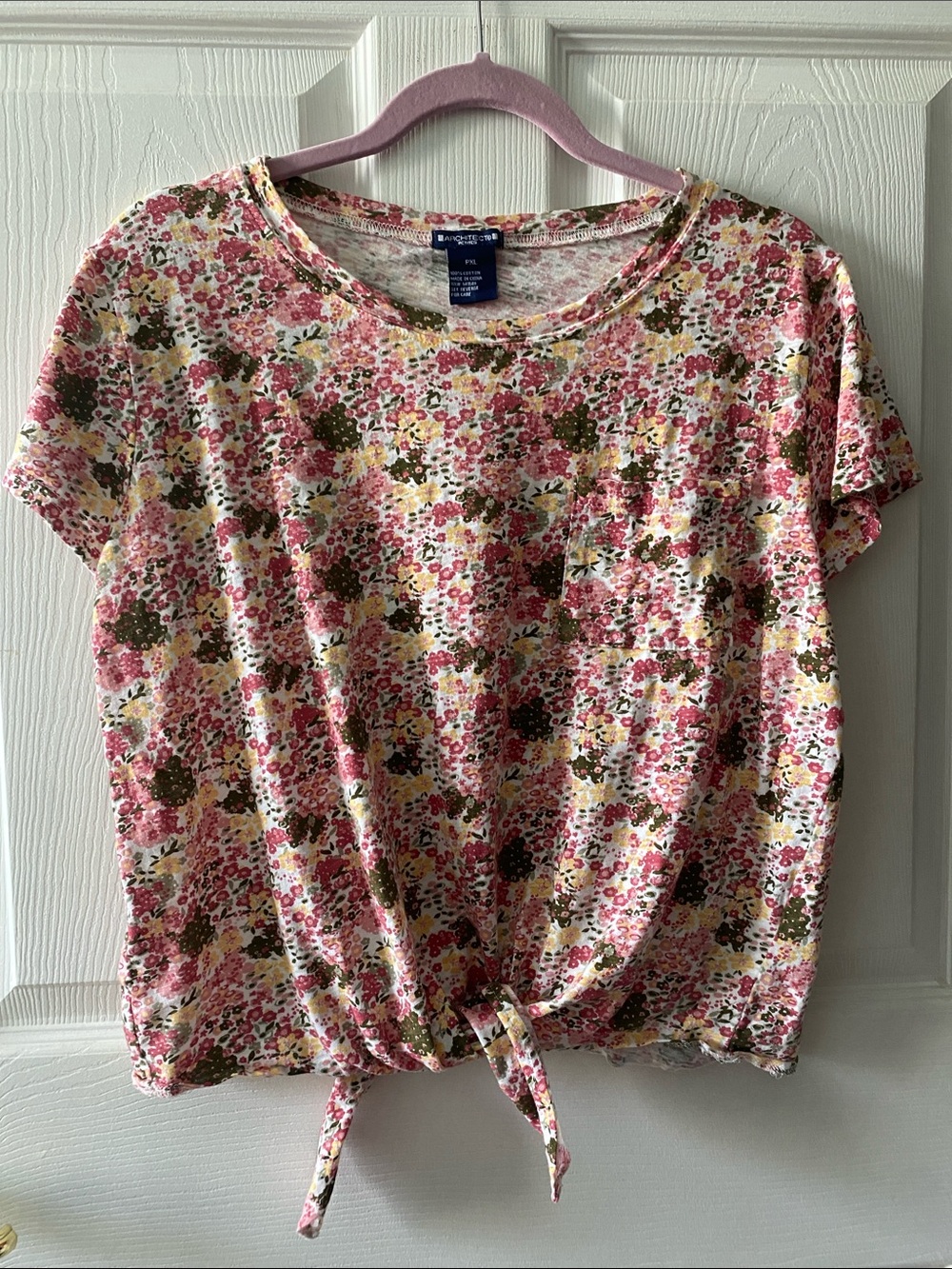 Pink Floral Tie-Front 100% Cotton Short Sleeve Tee PXL
